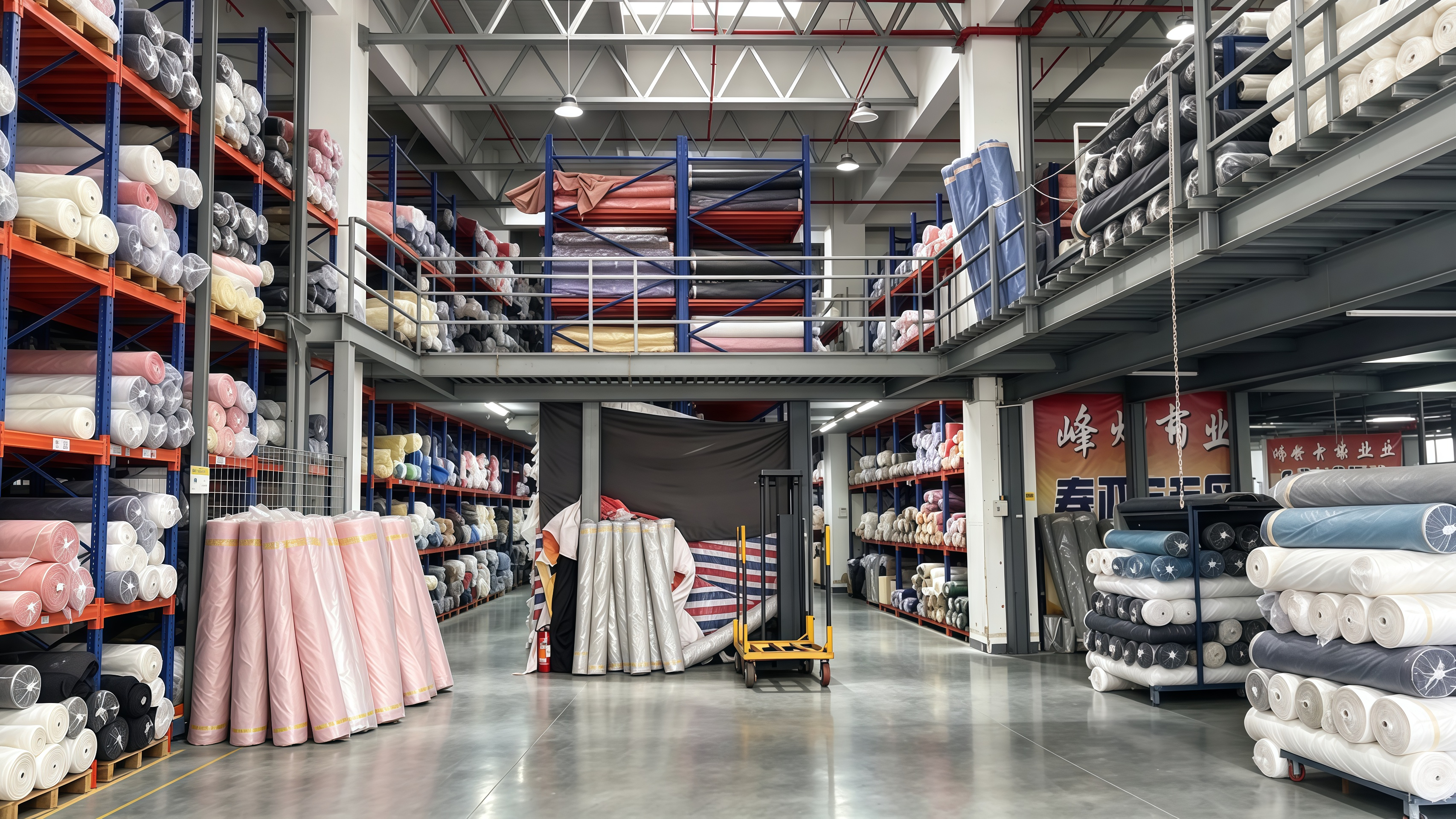 Racks and stacks of fabric rolls inside a warehouse hall
