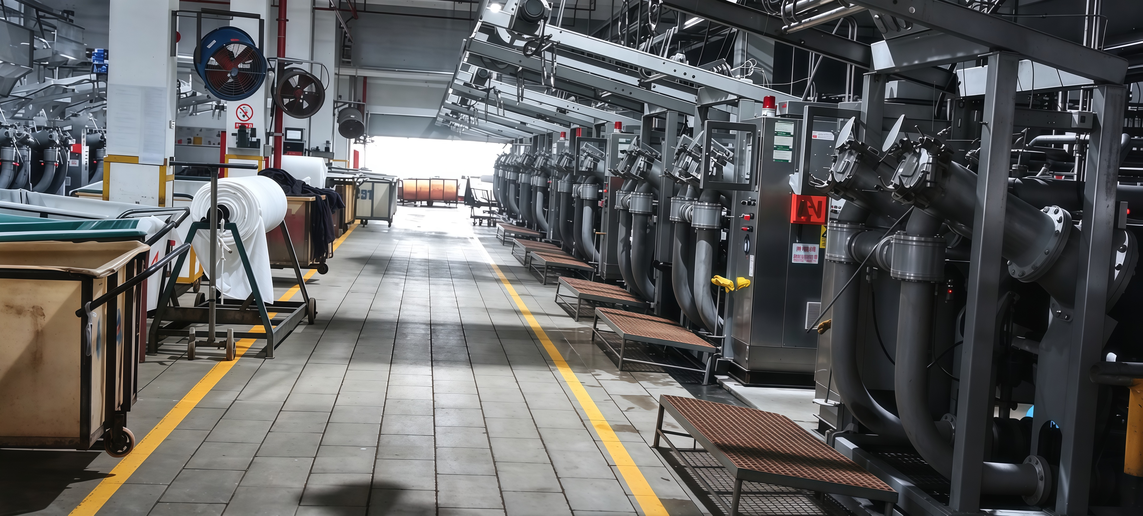 Aisle of a fabric processing workshop with machinery and fabric trolleys
